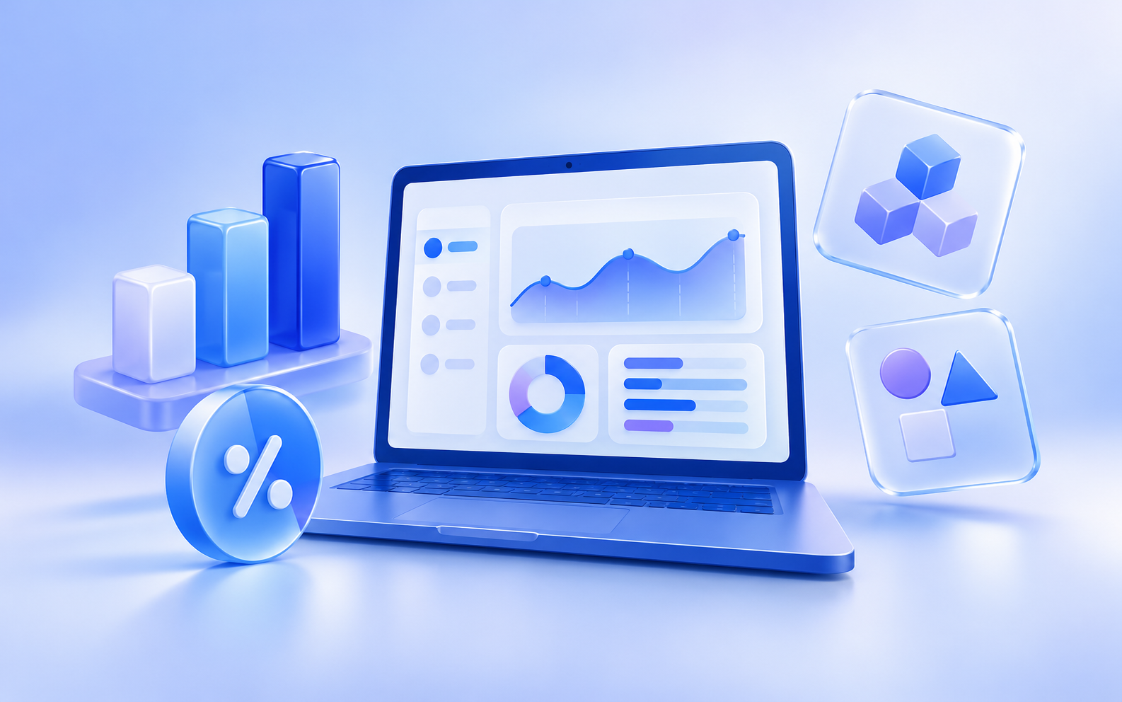 3D laptop with analytics and reasoning tiles